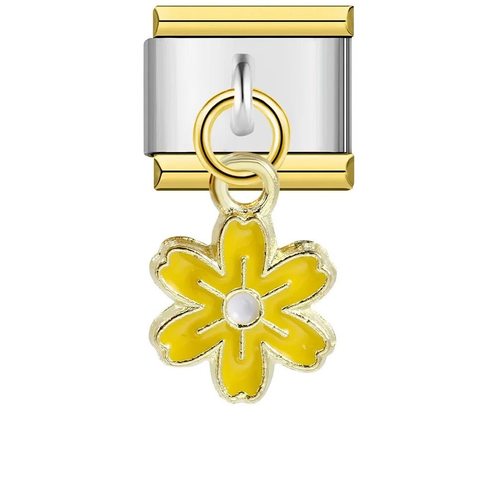 Dangling yellow flower Italian charm 9mm yellow petals crystal center