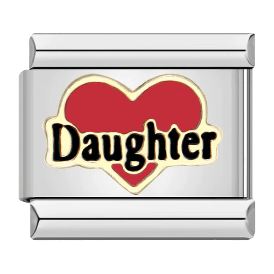 Daughter red heart family Italian charm 9mm with gold-tone lettering
