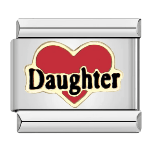 Daughter red heart family Italian charm 9mm with gold-tone lettering