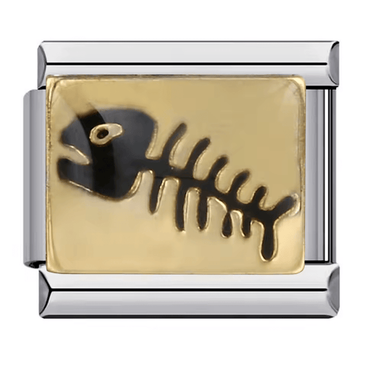 Dead fish Italian charm link – black fish bone design on gold enamel 9mm stainless steel bracelet charm by Charmette