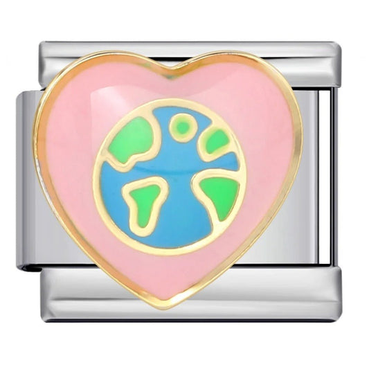 Earth globe heart 9mm Italian charm bracelet link pink background