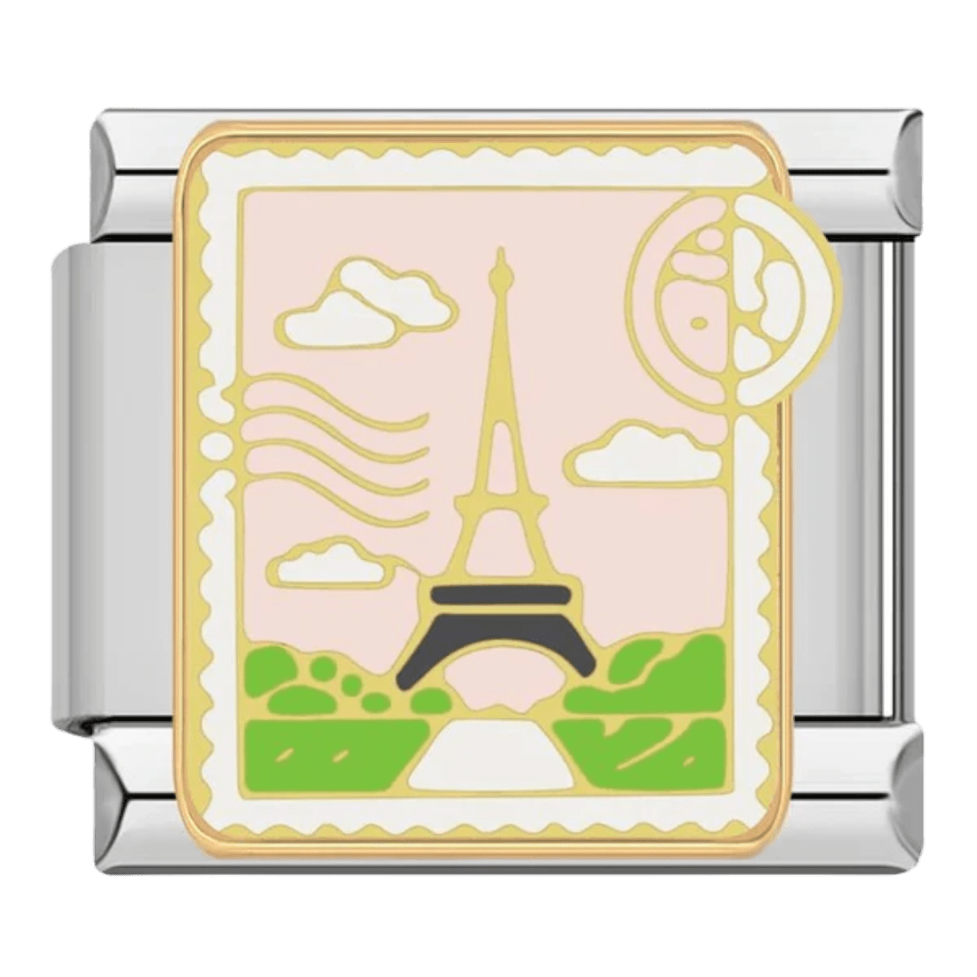 Eiffel Tower Paris postcard stamp travel Italian charm 9mm pink enamel