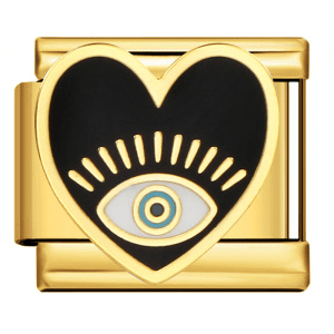 Evil eye heart Italian charm 9mm black enamel Gold