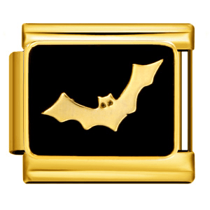 Flying bat Italian charm 9mm black background Gold