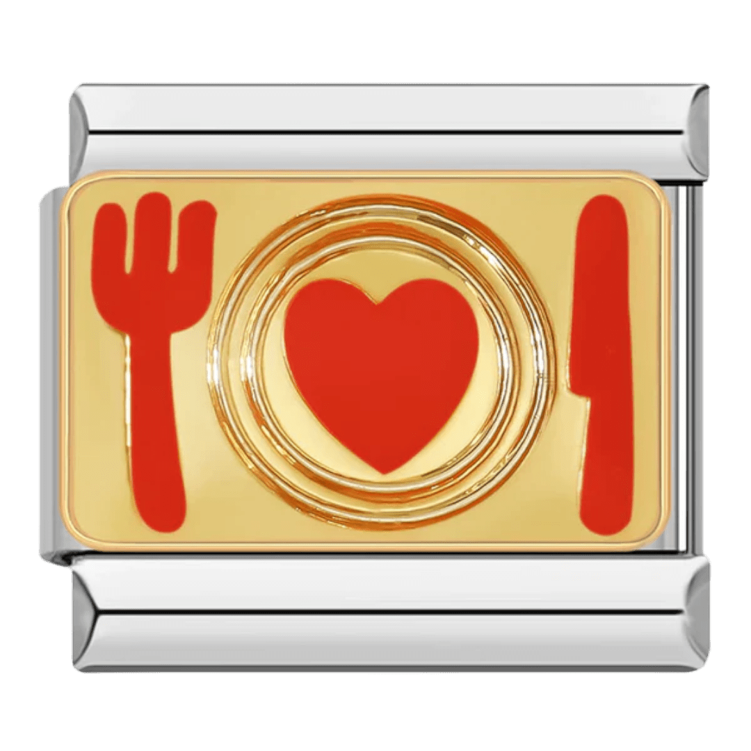 Foodie Italian charm 9mm plate with heart fork and knife design