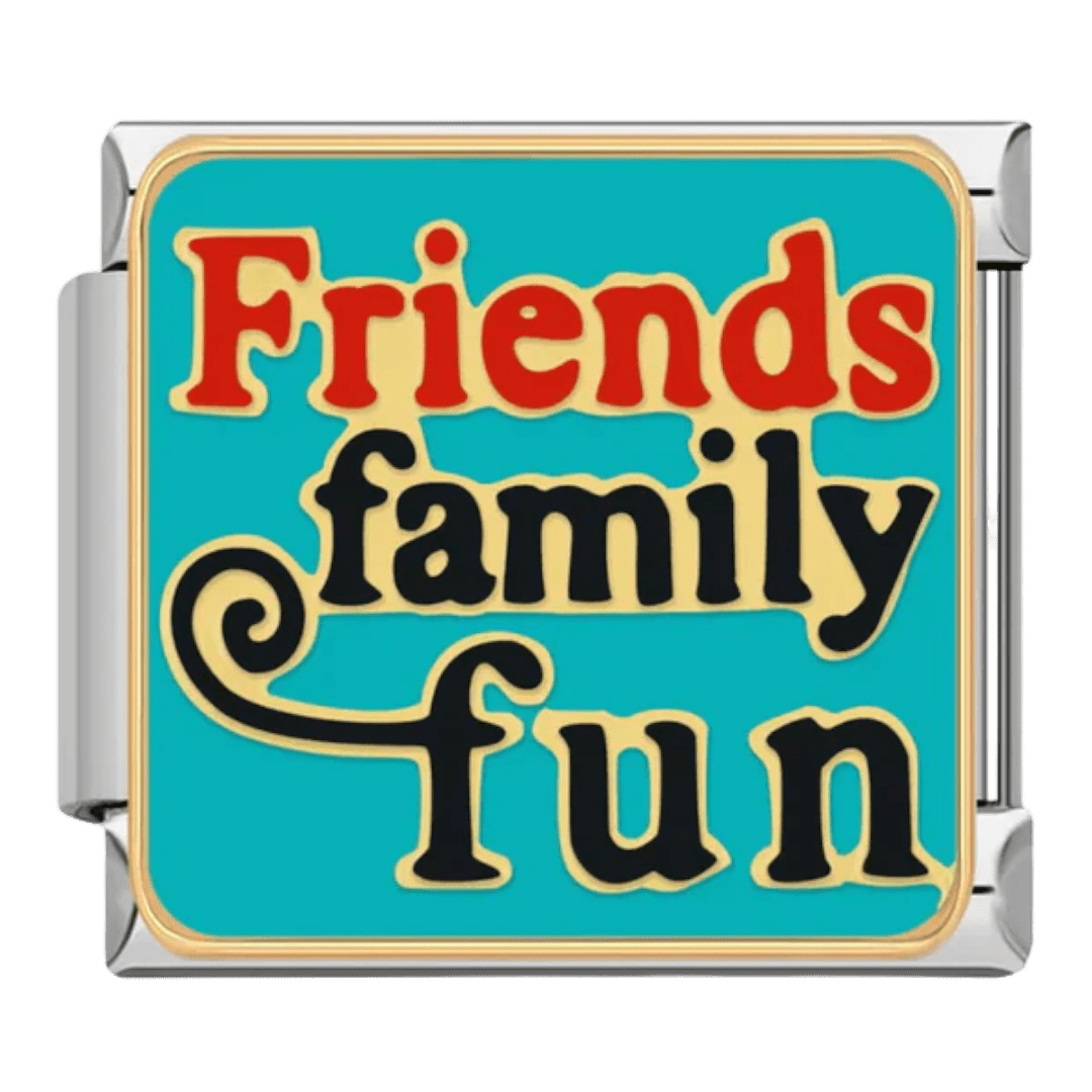 Friends Family Fun retro text on teal background 9mm Italian charm