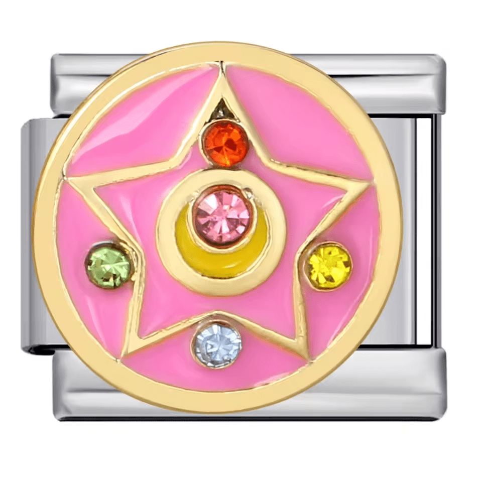 Gem star Italian charm 9mm with pink enamel star and multicolor stones