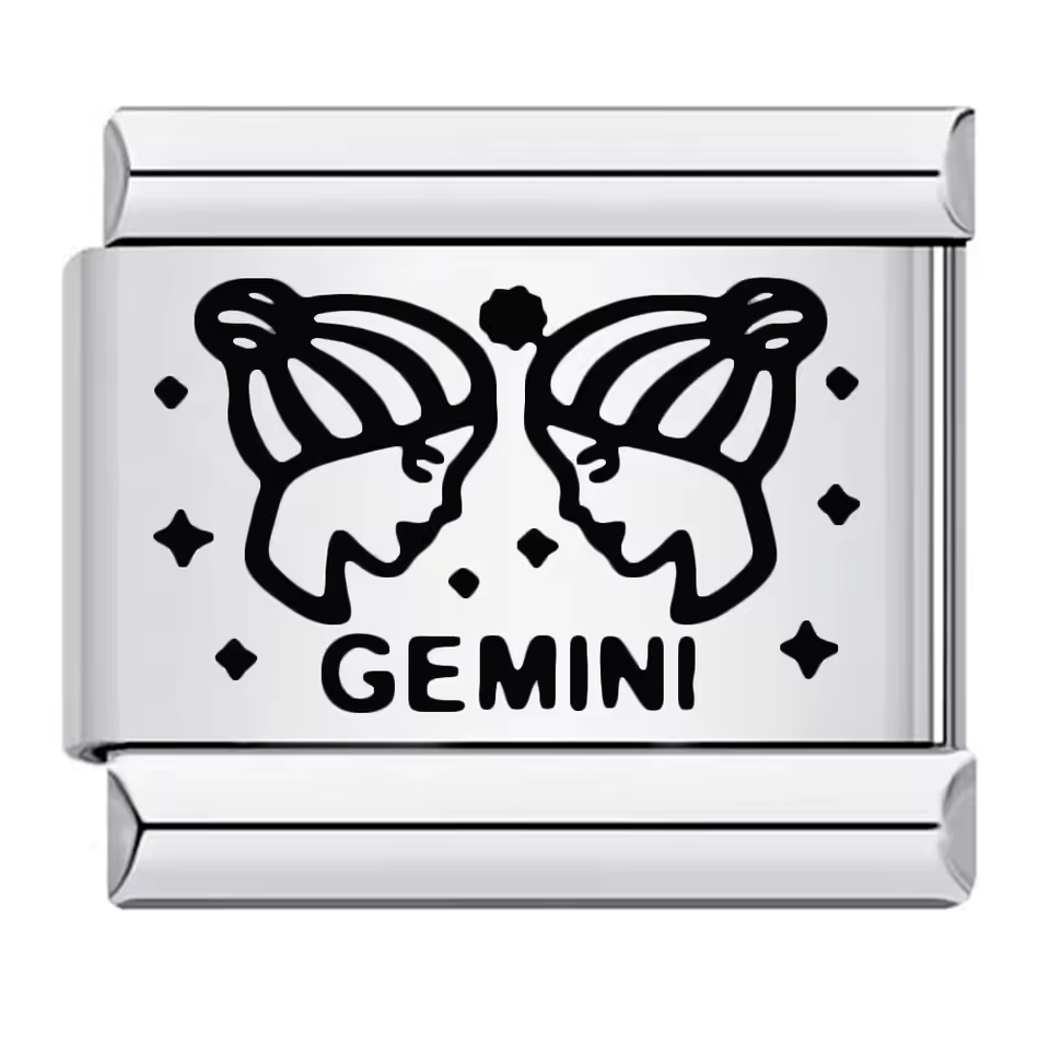 Gemini zodiac Italian charm 9mm with black twin symbol and Gemini text