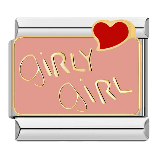 Girly Girl gold script on pink background with red heart accent 9mm Italian charm