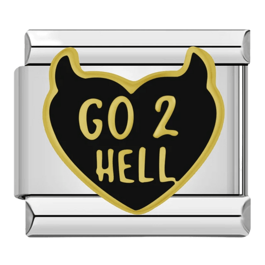 Go 2 Hell gold text on black devil heart with horns 9mm Italian charm