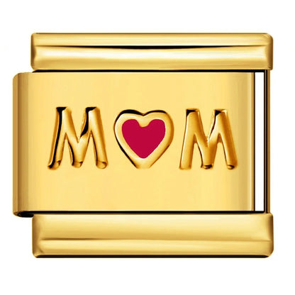Gold MOM Italian charm with red heart – 9mm modular bracelet link by Charmette