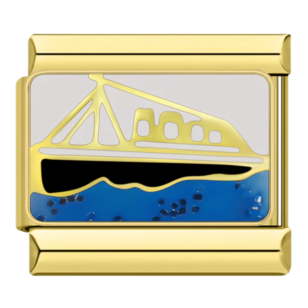 Gold Titanic ship sinking into blue ocean waves on gold tone 9mm Italian charm