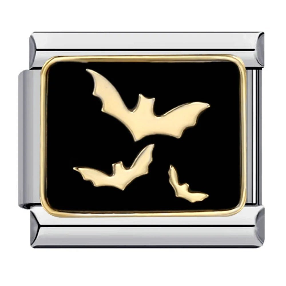 Gold flying bats on black Italian charm 9mm