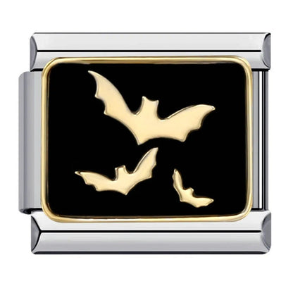 Gold flying bats on black Italian charm 9mm