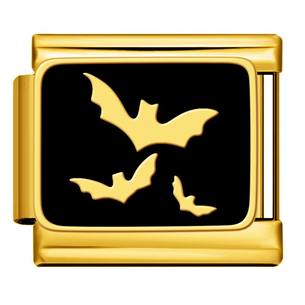 Gold flying bats on black Italian charm 9mm Gold