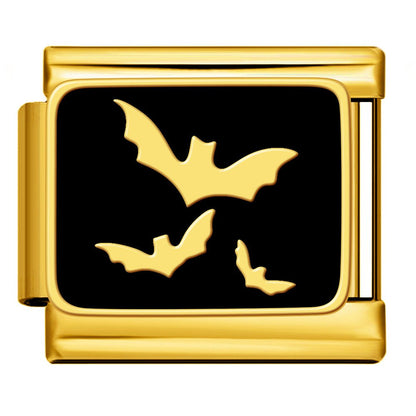 Gold flying bats on black Italian charm 9mm Gold