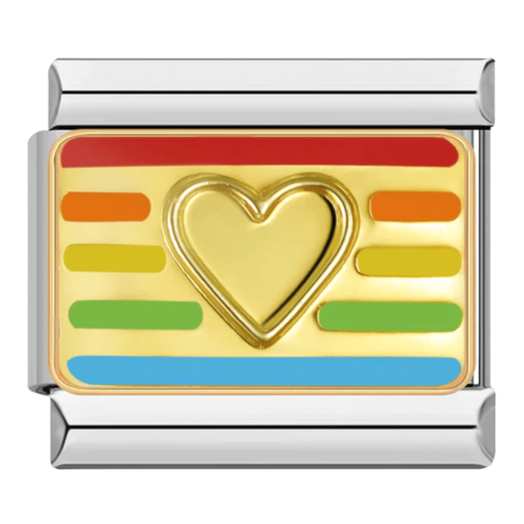 Gold heart on rainbow striped background pride love 9mm Italian charm