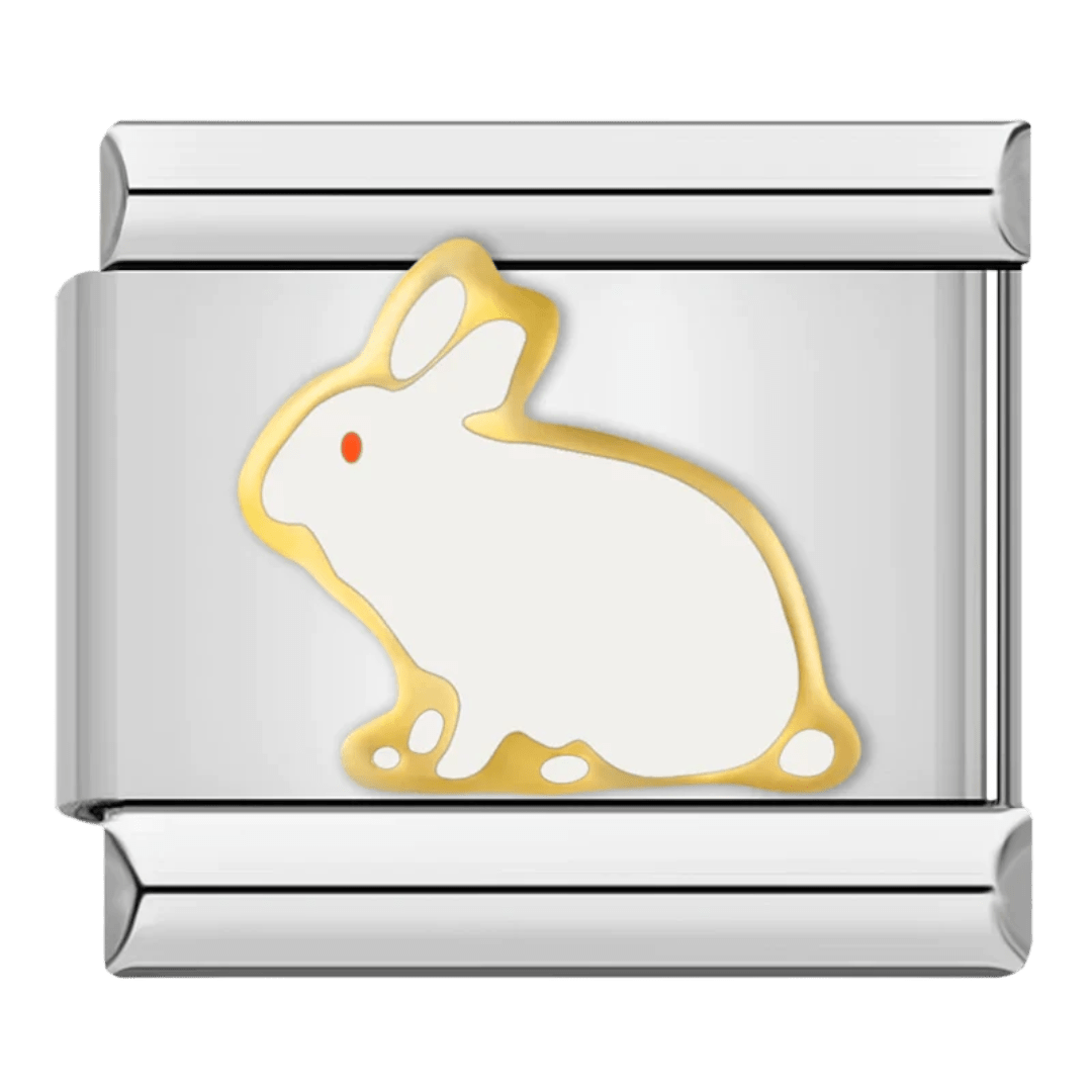 Gold outlined bunny rabbit silhouette with red eye on white background 9mm Italian charm