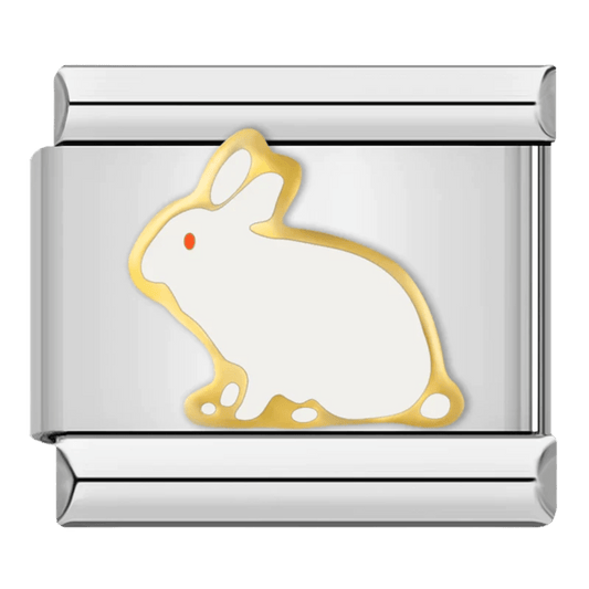 Gold outlined bunny rabbit silhouette with red eye on white background 9mm Italian charm