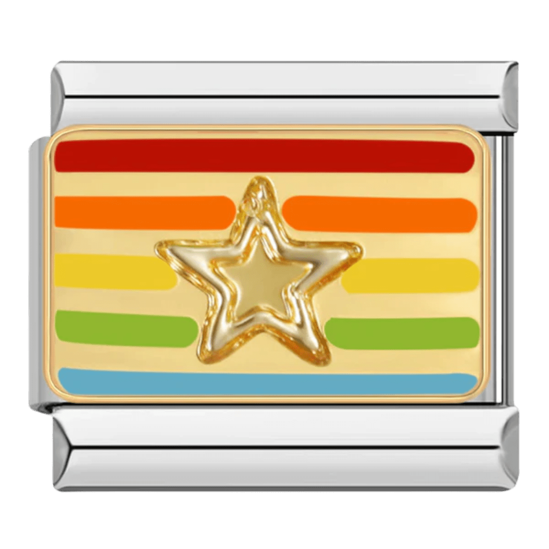 Gold star on rainbow striped background colorful pride 9mm Italian charm