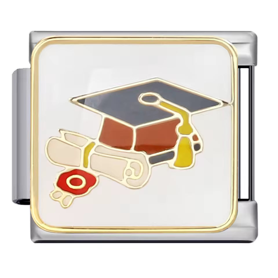 Graduation cap diploma white Italian charm 9mm
