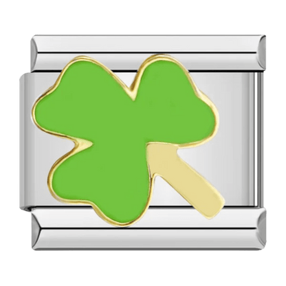 Green enamel clover Italian charm link for 9mm Italian charm bracelet with lucky clover design and polished stainless steel finish