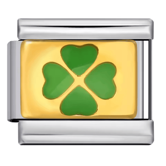 Green four leaf clover Italian charm 9mm gold background charm