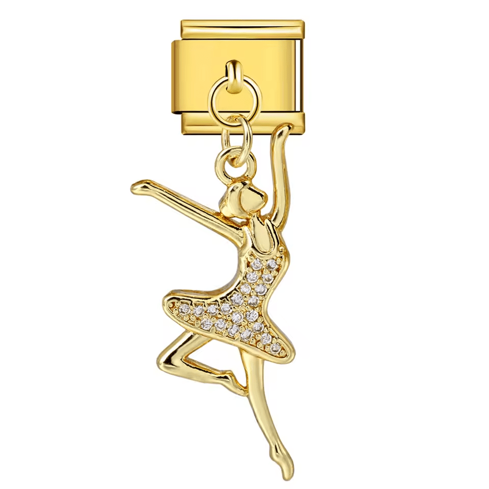 Hanging ballerina Italian charm 9mm with gold-tone link and clear stone details