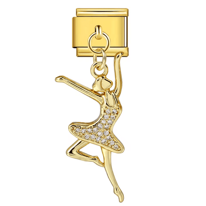 Hanging ballerina Italian charm 9mm with gold-tone link and clear stone details