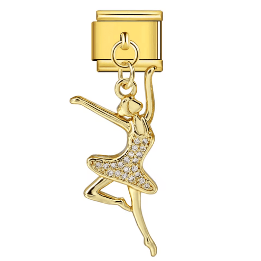 Hanging ballerina Italian charm 9mm with gold-tone link and clear stone details