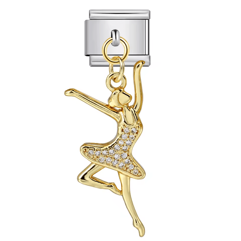 Hanging ballerina Italian charm 9mm with gold-tone link and clear stone details silver