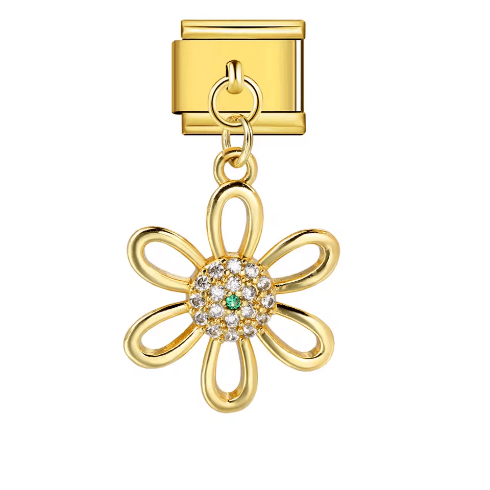 Hanging flower Italian charm 9mm with gold-tone link and blue center stone Gold