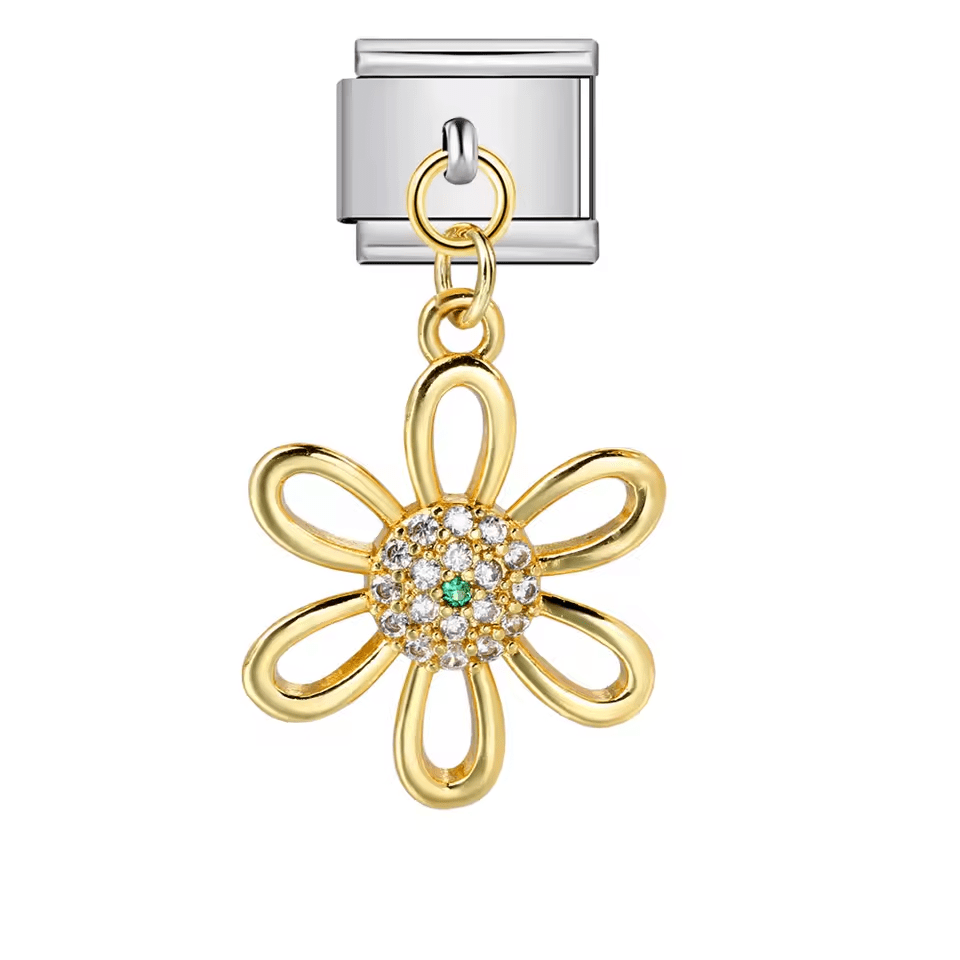 Hanging flower Italian charm 9mm with gold-tone link and blue center stone Silver