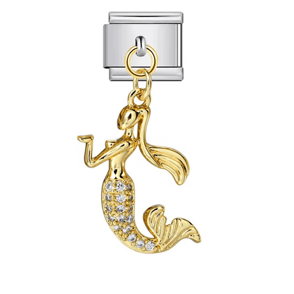 Hanging mermaid Italian charm 9mm with gold-tone link and clear stone details- silver