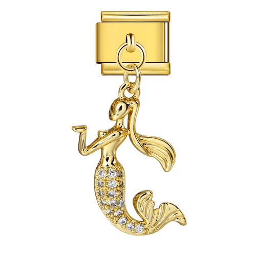 Hanging mermaid Italian charm 9mm with gold-tone link and clear stone details