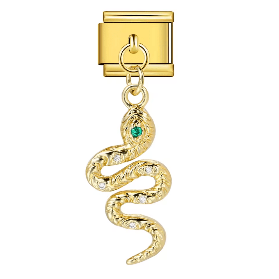 Hanging snake Italian charm 9mm with gold-tone link and green stone detail