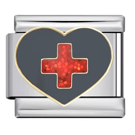 Heart cross 9mm Italian charm bracelet link with red cross symbol