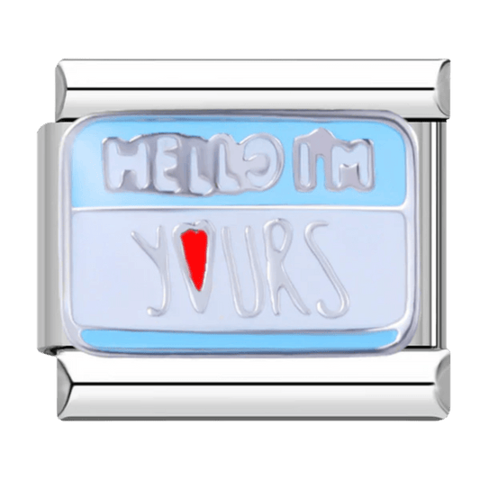 Hello I'm Yours raised text with red heart on light blue background 9mm Italian charm