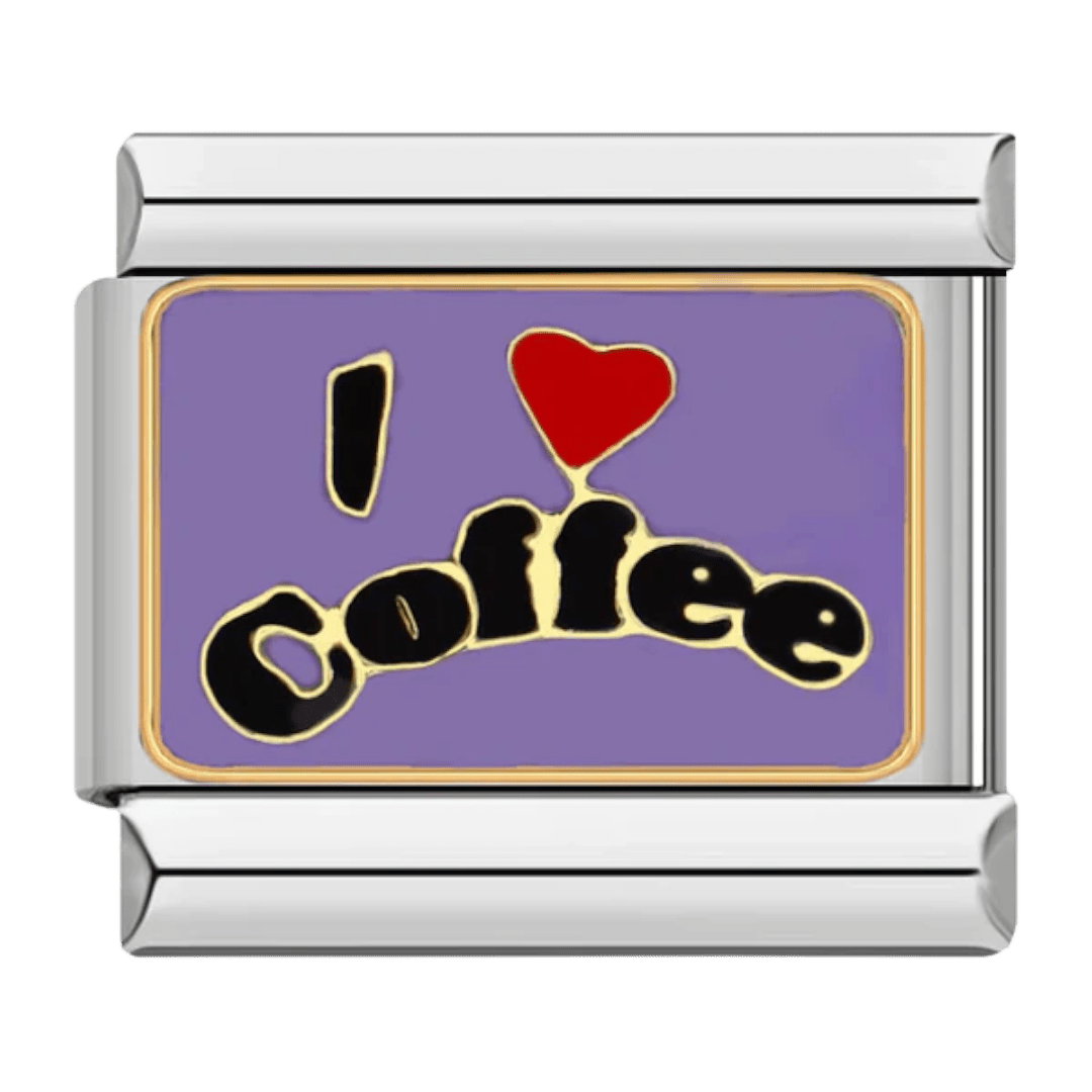 
I Love Coffee red heart black script on purple 9mm Italian charm