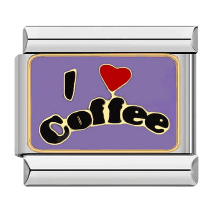 
I Love Coffee red heart black script on purple 9mm Italian charm