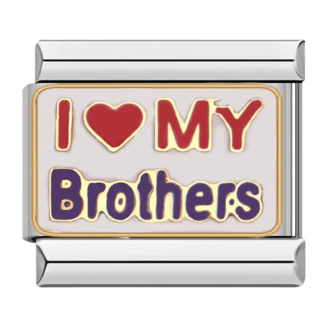 I Love My Brothers family Italian charm 9mm with red heart accent