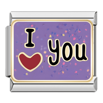 I Love You red heart purple glitter 9mm Italian charm with gold-tone border