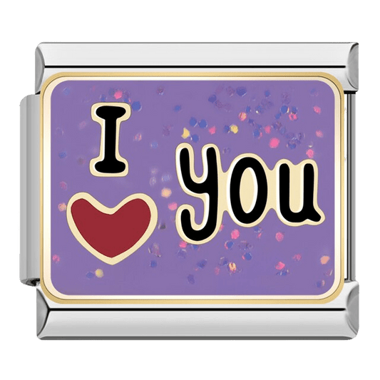 I Love You red heart purple glitter 9mm Italian charm with gold-tone border