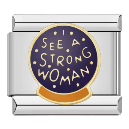 I See A Strong Woman gold text in crystal ball on navy blue with stars 9mm Italian charm