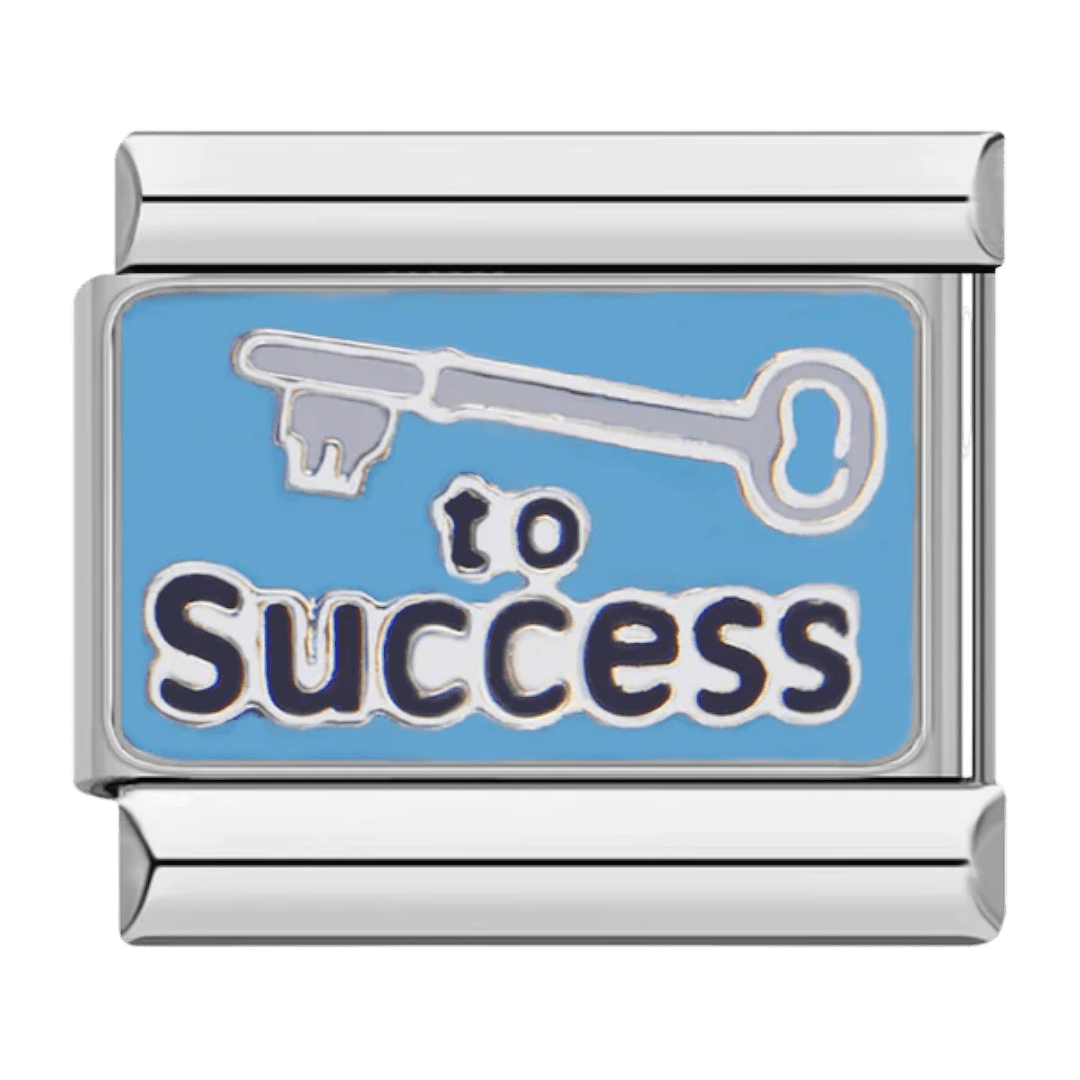 Key to Success silver key motivational 9mm Italian charm on blue background