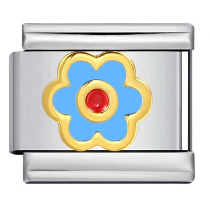 Light blue flower with red center Italian charm 9mm