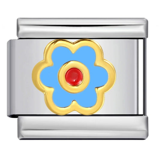 Light blue flower with red center Italian charm 9mm