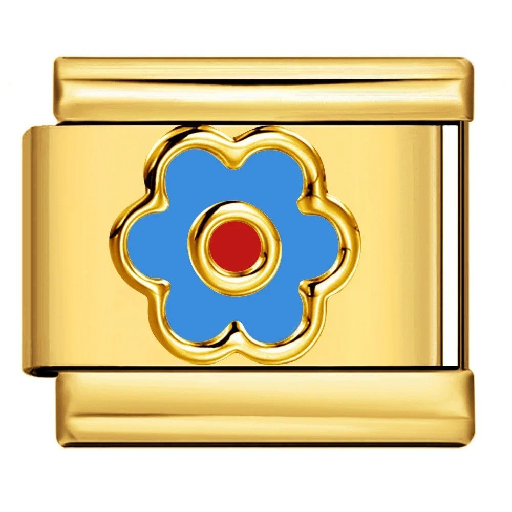 Light blue flower with red center Italian charm 9mm Gold