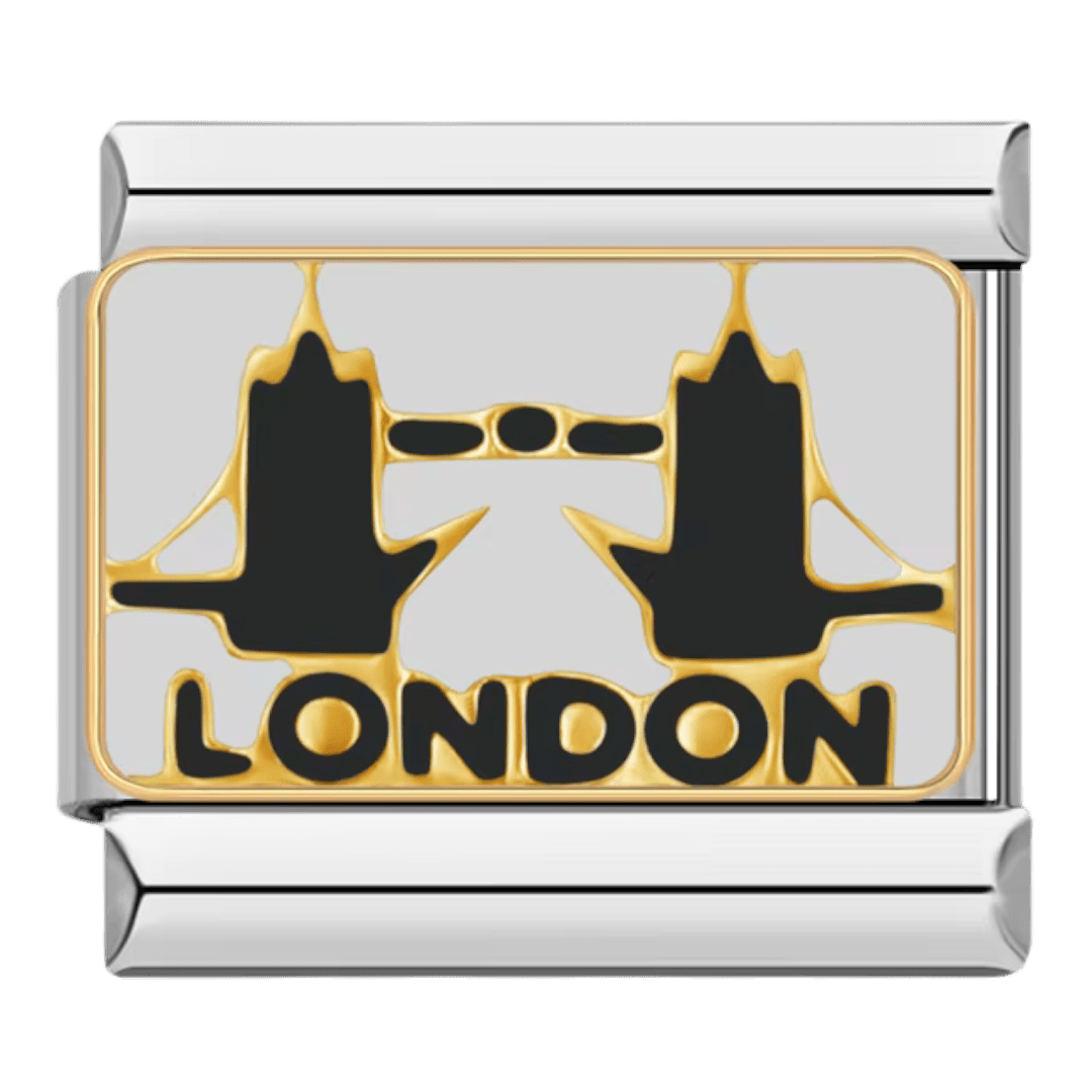 London Tower Bridge travel Italian charm 9mm black silhouette on white enamel