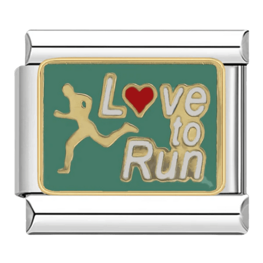 Love to Run gold runner silhouette with red heart 9mm Italian charm on green background